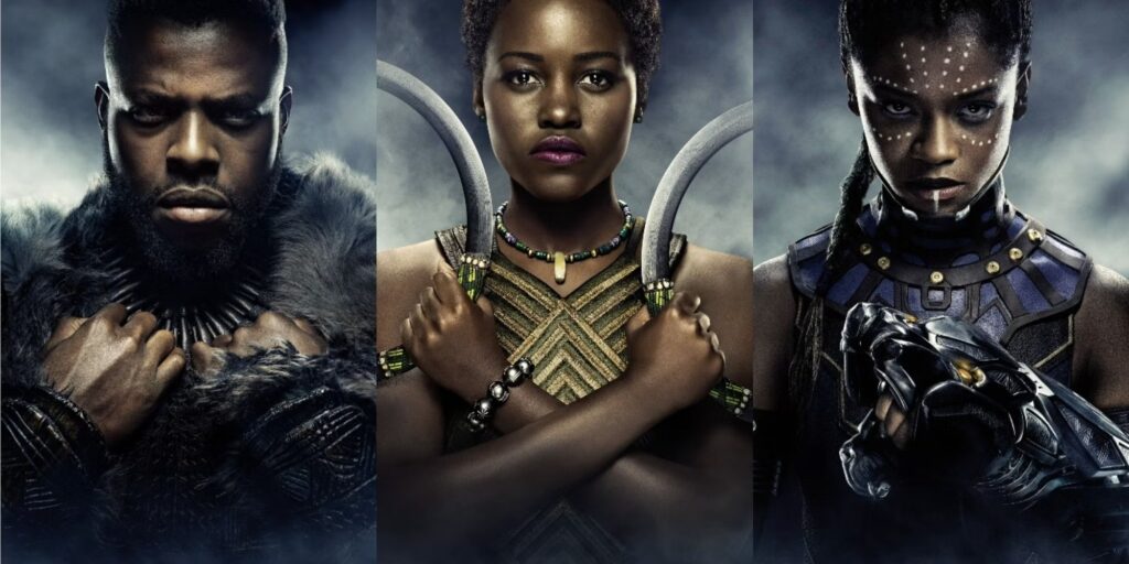 A collage of the character posters for MBaku Nakia and Shuri from Black Panther